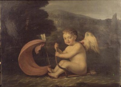 Cupido alado, navegando en un barco con casco de carcaj y mástil de flecha, c.1800 de French School