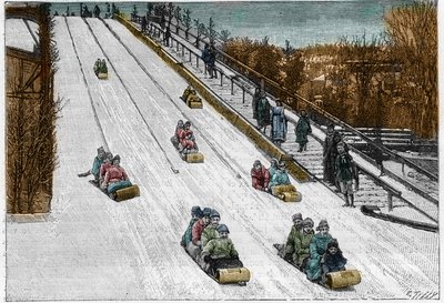 Juego y deporte de invierno: el tobogán, montaña rusa en el Parque de Montreal, Canadá. Grabado en "La Nature. Revue des sciences et de ses aplicaciones aux arts et a l