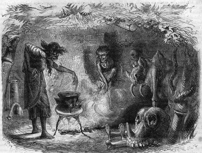 Práctica de brujería: bruja alrededor de un caldero haciendo pociones mágicas y sortilegios. Grabado en “Histoire des Papes-Rois-Reinas-y-Emperadores a través de los siglos” de Maurice Lachatre de French School