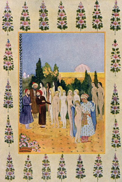 Con mi Capa Protegeré su Desnudez, ilustración de Las Mil y Una Noches, 1895 (grabado en color) de French School