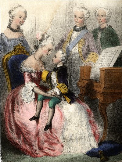 Wolfgang Amadeus Mozart (1756-1791) en los brazos de la emperatriz austriaca María Teresa - en "Los niños ilustres - cuentos históricos" por Madame Eugenie Foa de French School