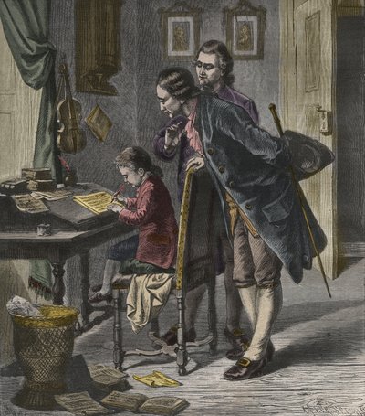 Wolfgang Amadeus Mozart escribiendo un concierto en presencia de su padre, Leopold, ilustración de 