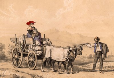 Mujer y niño en traje tradicional montados en un carro lleno de sacos, c.1840 de French School