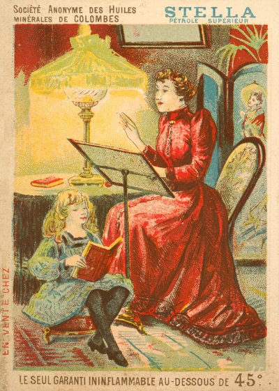 Mujer y niño leyendo a la luz de una lámpara de aceite de French School