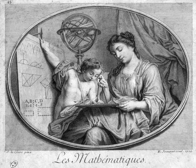 Mujer y niño con compás y figuras (alegoría de las matemáticas) - grabado de French School