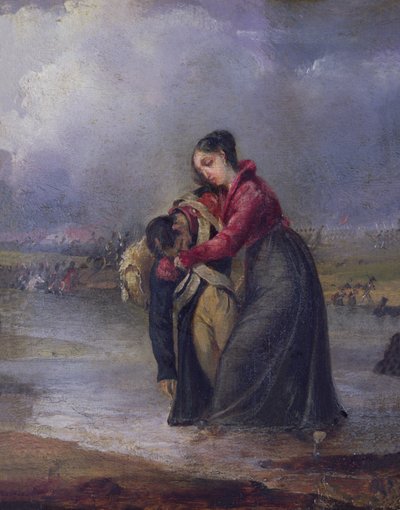 Mujer llevando a un soldado herido durante las guerras napoleónicas de French School