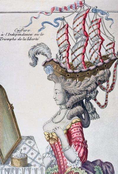 Mujer con un Vestido de Día y un peinado a la Belle Poule, período de la Independencia Americana, 1779-80 de French School