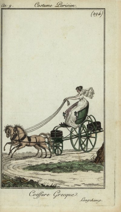 Mujer con peinado griego conduciendo un carruaje en Longchamp de French School
