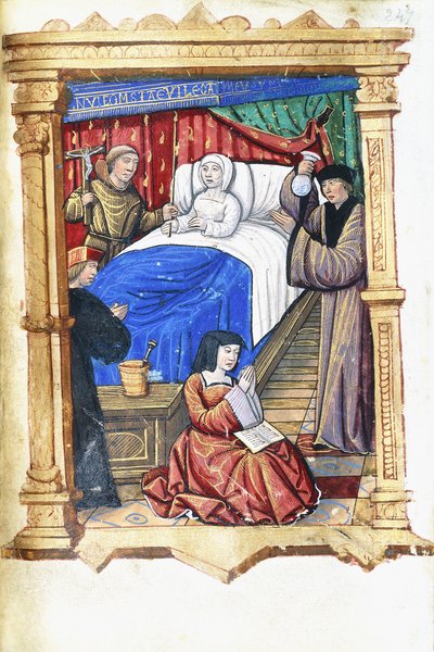Mujer en una escena de lecho de muerte con Juan el Bautista, c.1475-1500 de French School