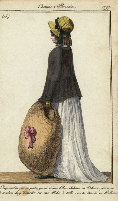 Mujer con sombrero de paja y manto negro de French School