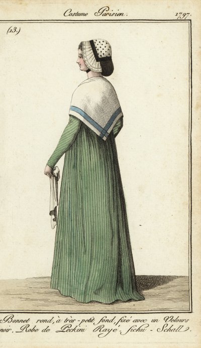 Mujer con vestido a rayas y chal de pañuelo de French School