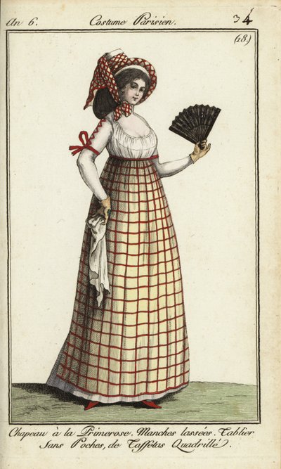 Mujer con sombrero Primerose a la moda de 1798 (grabado en cobre coloreado a mano) de French School