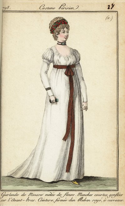 Mujer a la moda de 1798 con cabello corto bajo una guirnalda de French School