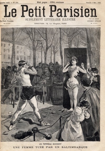Mujer muerta por accidente durante un espectáculo de saltimbanquis en la calle, Place des Quinconces en Burdeos. En el periódico "Le Petit Parisien" el 5/03/1893 (grabado) de French School