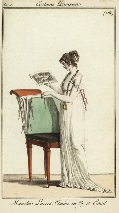 Mujer mirando un portafolio de grabados de French School