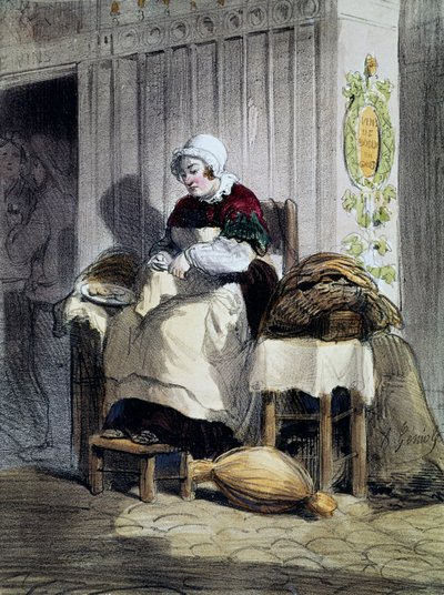 Mujer abriendo ostras, grabado de la serie Mujeres de París, Francia de French School