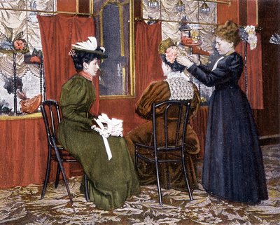 Mujer peinando a una dama con sombrero en la Maison Nouvelle de French School