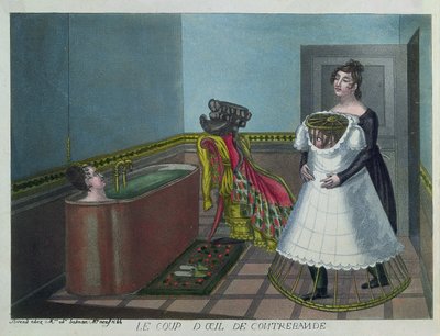 Mujer tomando un baño mientras su doncella oculta secretamente a un voyeur, principios del siglo XIX de French School
