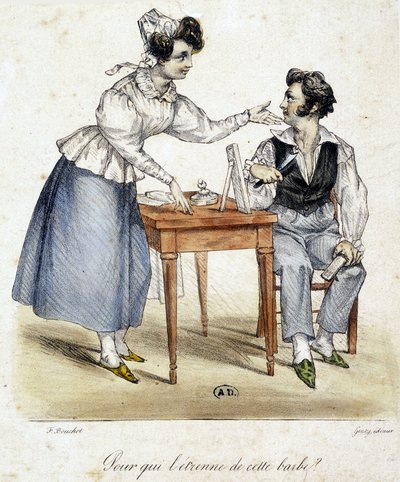 Mujer observando el resultado de un hombre que acaba de afeitarse la barba de French School