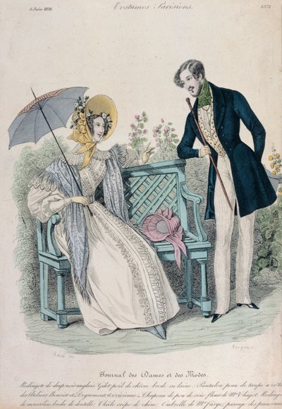 Mujer con paraguas y hombre con levita en un jardín, placa de moda del Journal des Dames et des Modes, 5 de junio de 1836 de French School