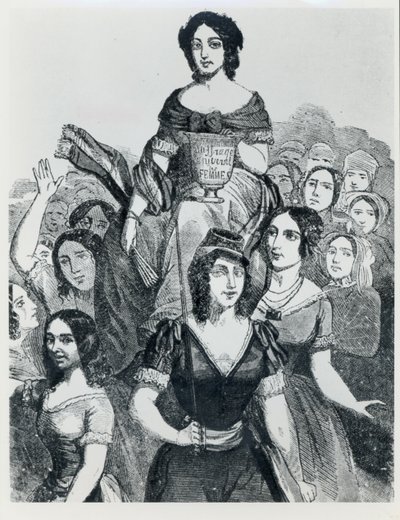 Mujeres llevando a Jeanne Deroin (1805-94) en Triunfo, de Les Femmes Célèbres, volumen I, París, Mazenod, 1848 de French School
