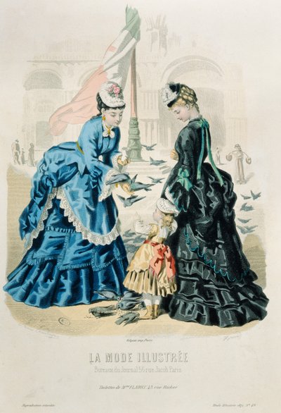 Mujeres y un niño alimentando a las palomas, de La Mode Illustrée, 1872 de French School