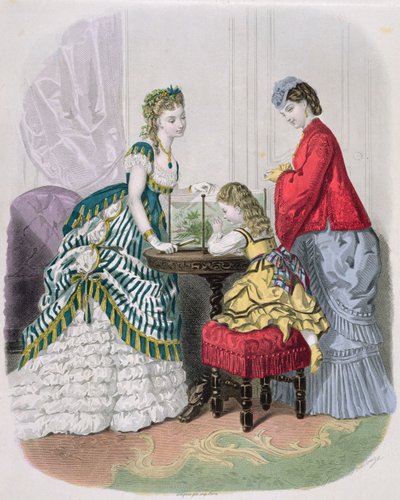 Mujeres y un niño mirando un acuario, de La Mode Illustrée, c.1870 de French School