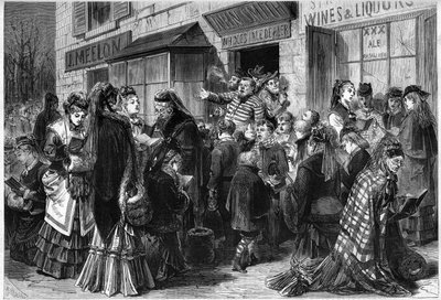 Mujeres y niños cantando himnos en la puerta de los flujos de licor de Chicago a los Estados Unidos de French School