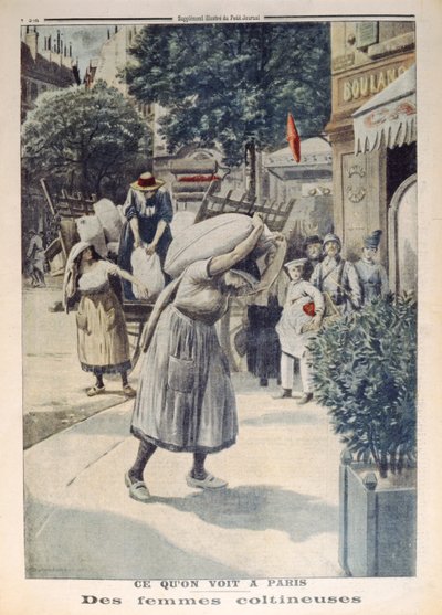 Mujeres cargando sacos de harina durante la 1ª Guerra Mundial en París, ilustración de Le Petit Journal, 8 de julio de 1917 de French School