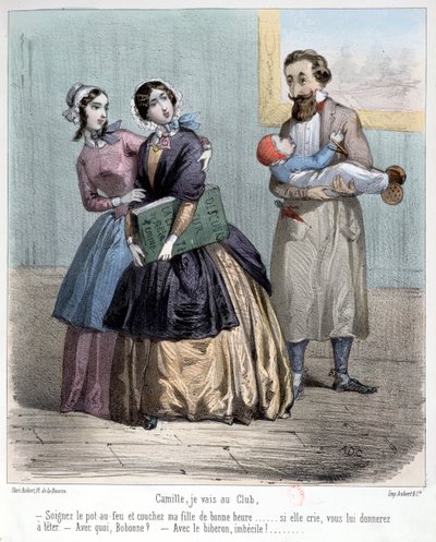 Mujeres dejando a sus maridos para cuidar a los niños mientras van a su club, 1848 de French School