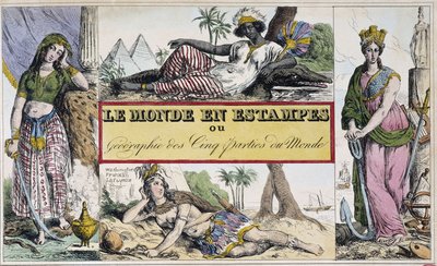 Mujeres representando 4 continentes: África, Europa, América y Asia - Frontispicio de "Le Monde en prints ou Géographie des cinq parts du monde" por el Chevalier de Roujoux de French School