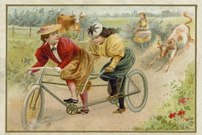 Mujeres montando un tándem de French School