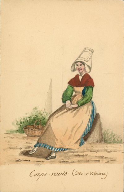 Traje femenino de Corps-Nuds, Ille-et-Vilaine (litografía en color) de French School