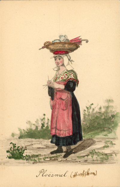 Traje de mujer de Ploermel, Morbihan (litografía en color) de French School