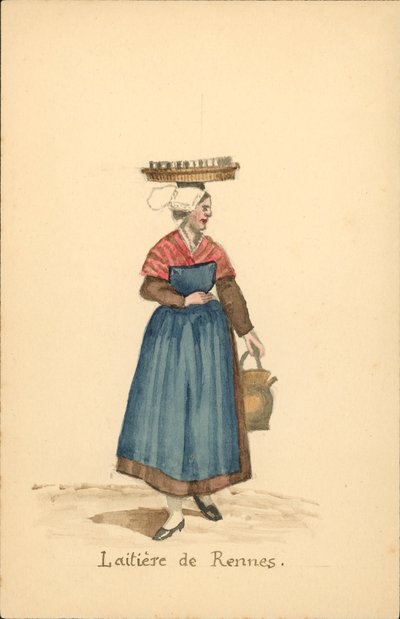 Traje de mujer de lechera de Rennes (litografía en color) de French School