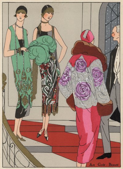 Trajes de noche para mujer de los años 20 de los diseñadores Edward Molyneux y Martial y Amand (litografía en color) de French School