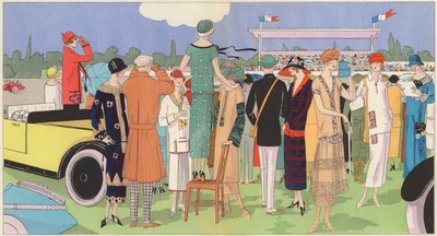 Moda femenina en las carreras de los diseñadores Jeanne Lanvin, Jean Patou, Premet, Georges Doeuillet (litografía en color) de French School