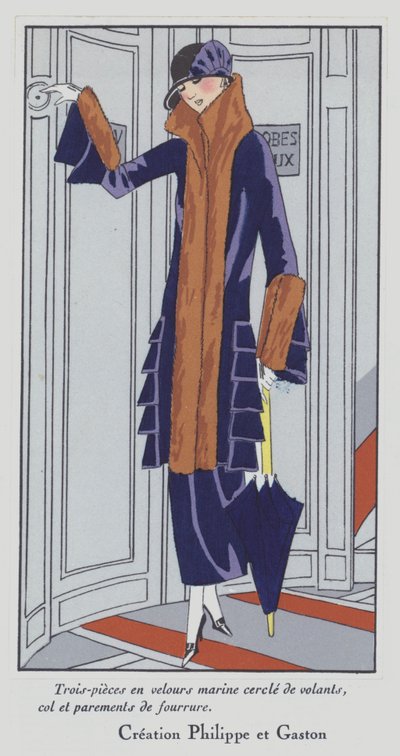 Moda femenina de los años 20 del diseñador Philippe y Gaston (litografía en color) de French School