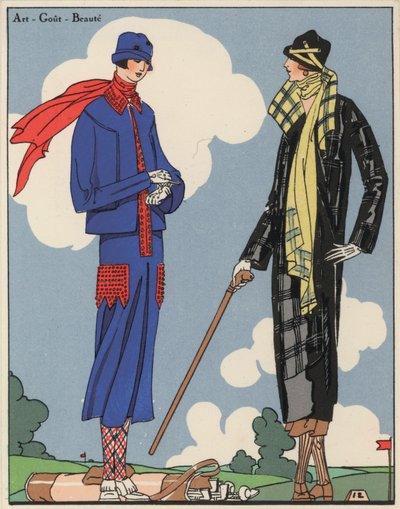 Moda femenina de golf de los años veinte por los diseñadores Martial y Armand, y Christoph Drecoll. (litografía en color) de French School