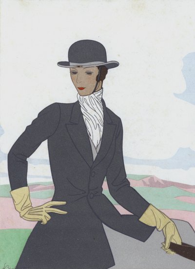 Diseño de hábito de montar para mujer de los años 20 (litografía en color) de French School