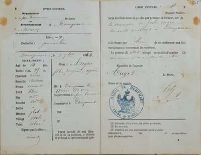 Manual del trabajador emitido por la Alcaldía de Dampmart a Felix Auger, 1864 de French School