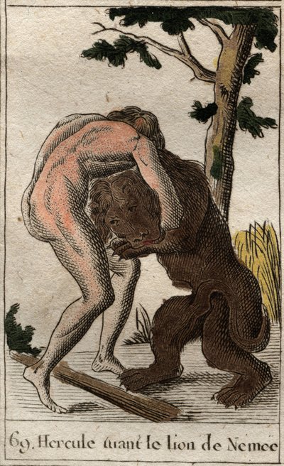 Trabajos de Hércules: Hércules matando al león de Nemea. De “Mitología de la Juventud” por Pierre Blanchard 1803. de French School