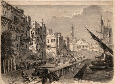 Obras realizadas en Argel para la construcción del bulevar de la emperatriz. Grabado del boceto del Sr. Leon-Roger. Grabado en “Le Monde illustré” de 1862. Colección privada. de French School