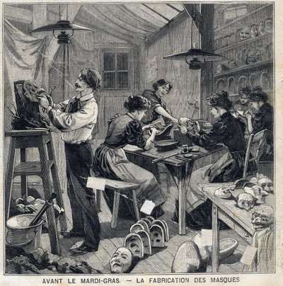 Taller de fabricación de máscaras para los disfraces del festival de Mardi Gras. En "Le Petit Parisien" el 14/02/1897 de French School