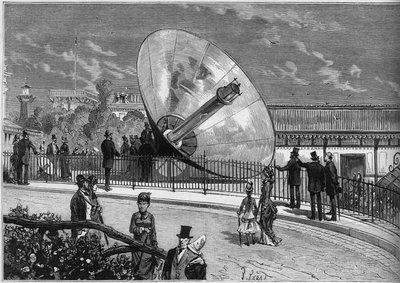Exposición Universal de 1878 en París: horno solar inventado por Augustin Mouchot (1823-1912). Grabado en "Le Monde Illustré" n°1125 del 19 de octubre de 1878 de French School