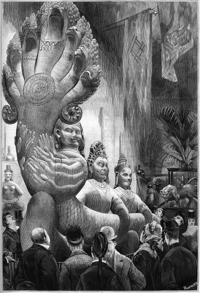 Exposición Universal de 1878 en París: estatuas de los Gigantes Camboyanos y Serpiente Policífalo, traídas de Camboya por la Misión Delaporte, exhibidas en la Galería Retrospectiva del Trocadero. Grabado en 