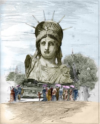 Exposición Universal de 1878 en París: la cabeza de la Estatua de la Libertad por Frederic Auguste Bartholdi (1834-1904). Grabado de Edgard Morin en 
