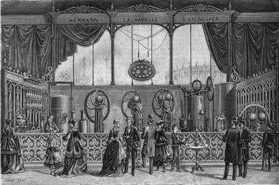Exposición Universal de 1867: aparatos de agua de gas inventados por Hermann Lachapelle y Glover (saturador, gasómetro, pulverizador, bomba dosificadora...). Grabado en "Le Monde Illustré" n°578 del 9 de mayo de 1868 de French School