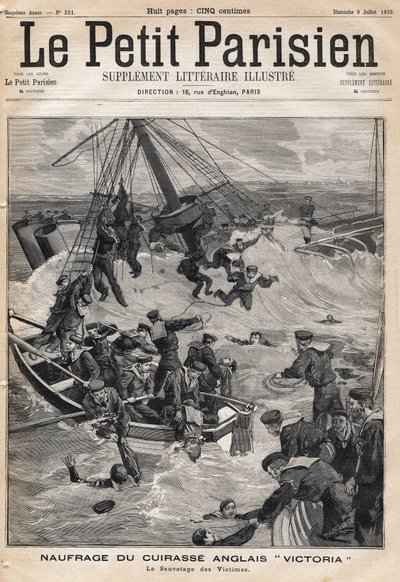 Naufragio del acorazado inglés "Victoria" tras una colisión en la costa de Siria y rescate de las víctimas. En el periódico "Le Petit Parisien" el 9/07/1893 (grabado) de French School