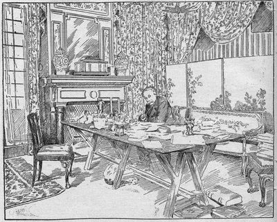 Escritor Alejandro Dumas Jr. (1824-1895) en su gabinete de trabajo. Grabado en “La gazette du dimanche” del 12 de diciembre de 1895 de French School